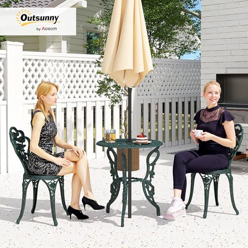 Outsunny Ensemble Salon de Jardin 2 Places 2 chaises + Table Ronde Style néo-rétro Motif Rose Lignes fuselées Fonte d'aluminium Vert Vieilli – Image 3