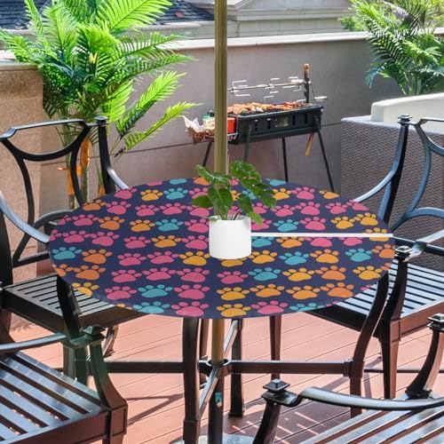 Tablerazzi Dog Animal Paws Round Outdoor Tablecloth with Umbrella Hole and Zipper Colorful Cat Paw Print Fitted Tablecloth Wipeable Table Cloth for Picnic Garden, 36''-44''
