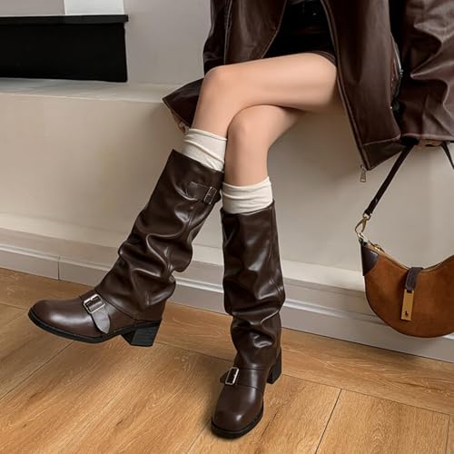 Image of Goolita Women's Buckle Biker Knee High Boots Square Toe Chunky Heel Star Moto Mid Calf Boots Slip On Motorcycle Riding Boot