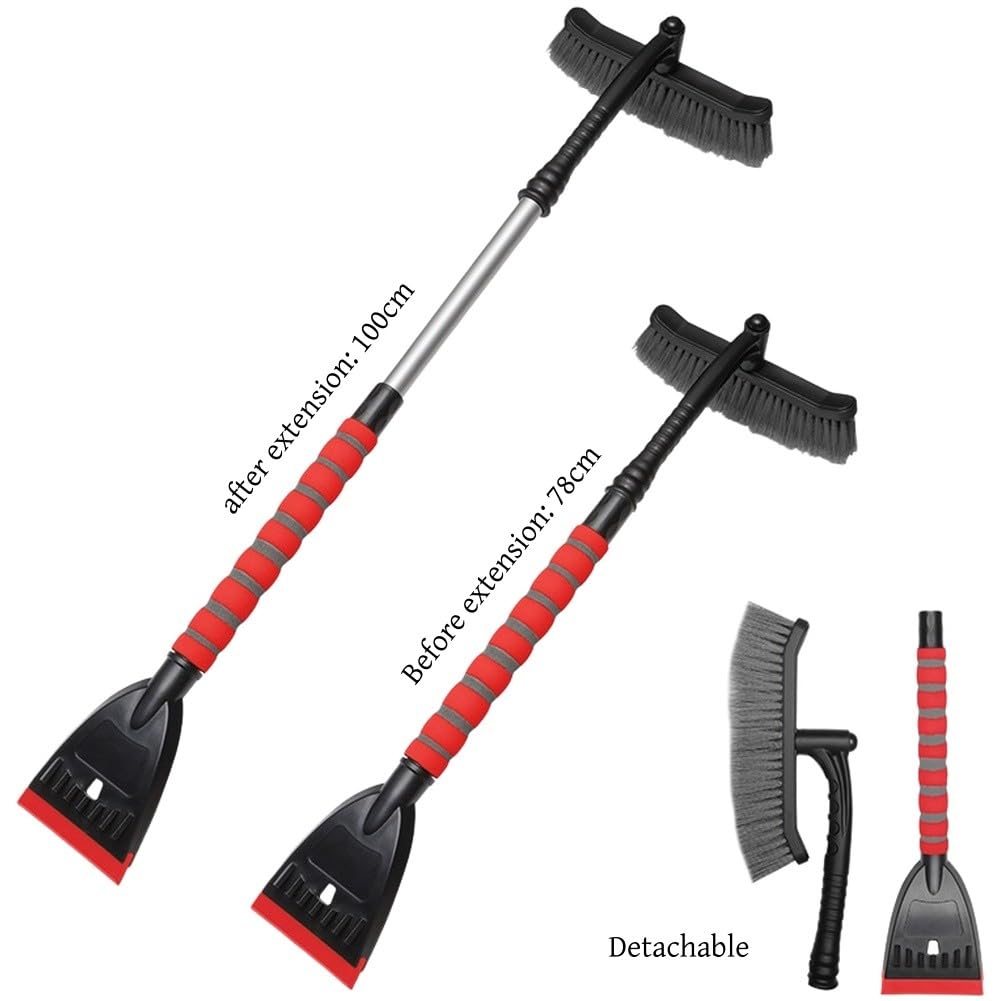 Raschietto per auto con manico allungabile in alluminio e testa staccabile, 100 cm, telescopico per rimozione del ghiaccio, spazzola in ABS EVA, per la pulizia di neve e gelo