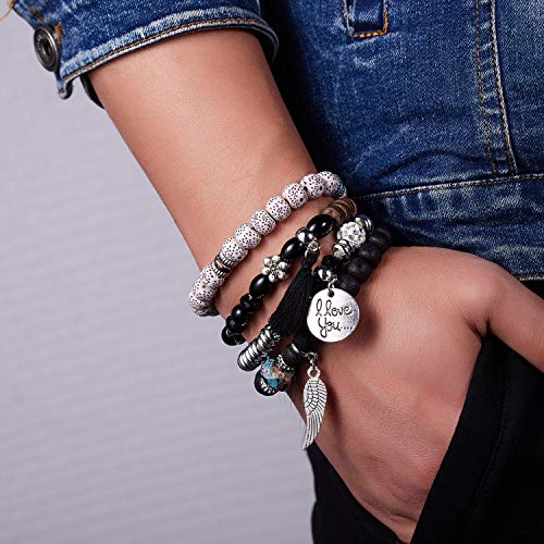 Smalllove Bohemian Bracelets Set For Women Girls Multilayer Stretch Stackable Wing Tassel Love Charm Crystal Beaded Beach Boho Natural Stone (Black) #TOP1