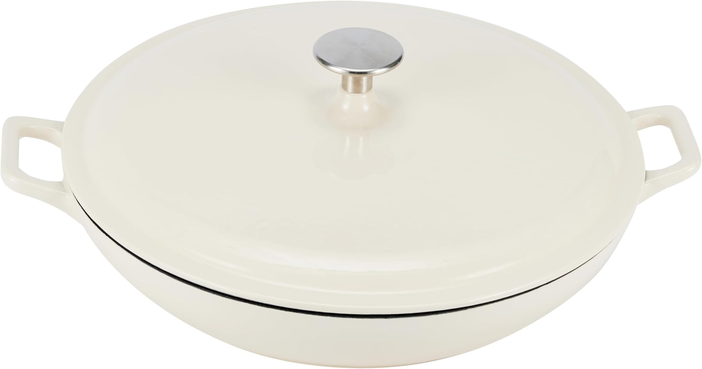 Amazon Basics Enameled Cast Iron - Covered Round Casserole Skillet with Lid, Oven Safe - 500°F, Even Heat Distribution, 3.3-Quart, White