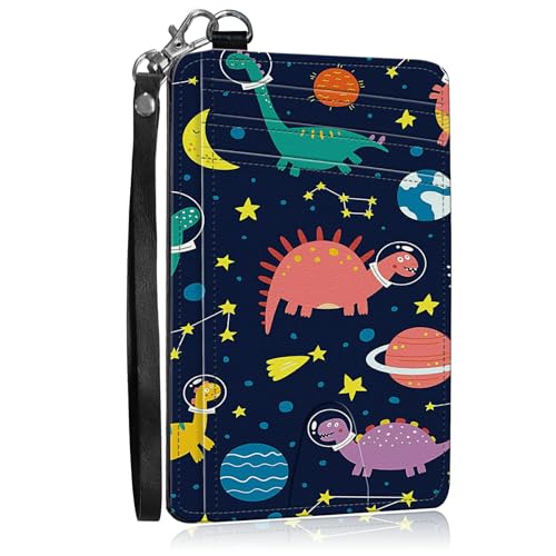 Slim Card Holder with Wristlet Small Wallets for Men Women, RFID Blocking Pocket Keychain Wallet, Space Dinosaur PU Leather Cute Travel Minimalist Card Organizer Case with ID Window