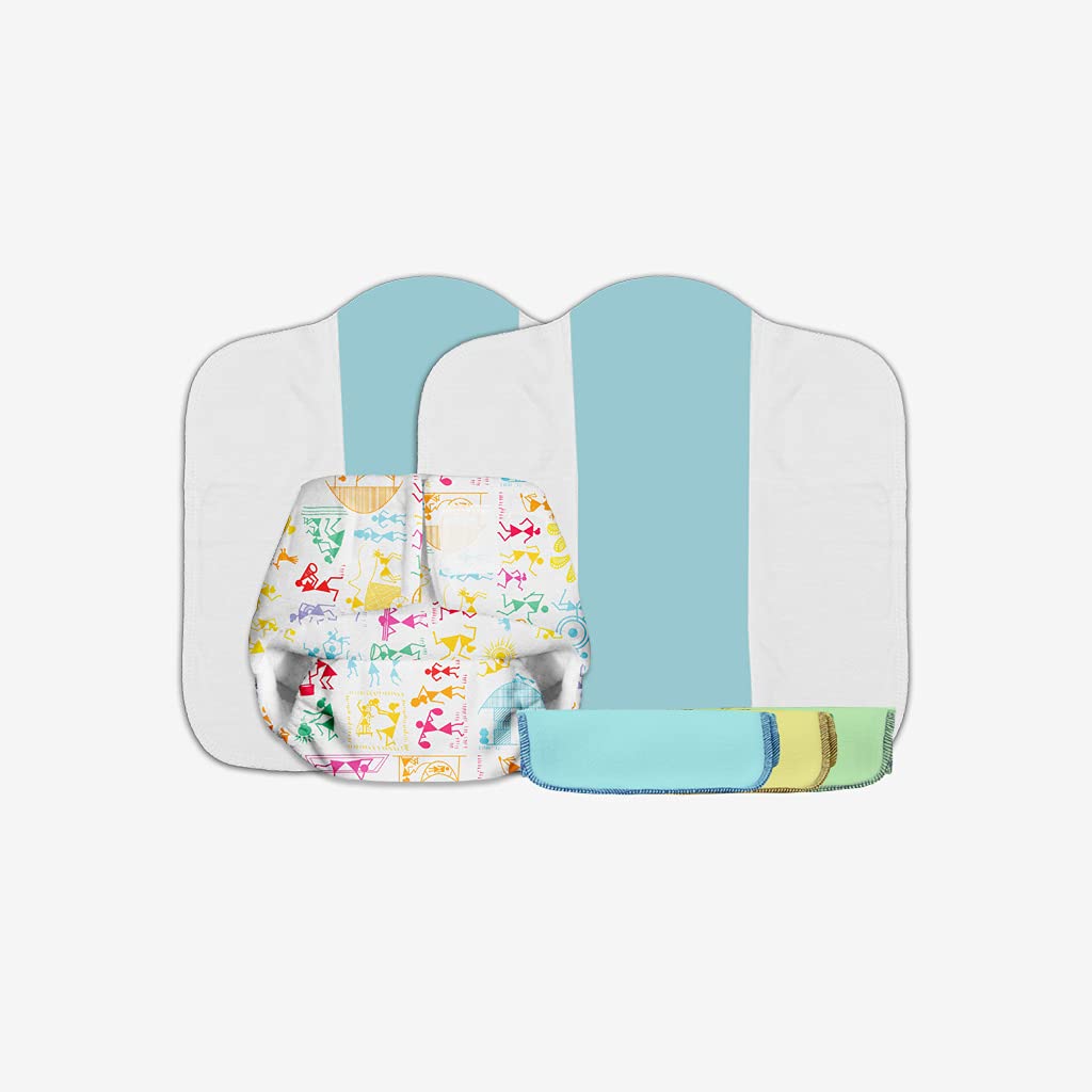 Superbottoms Newborn Gift Set - 1 Newborn UNO, washable and reusable diaper + 1 Dry Feel Pads (newborn size) + 3 Easy Clean Top Sheet - No Print choice, Assorted Prints-image-6