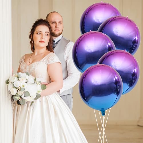 Image of blue purple balloons - 22 inches, 6 pack rainbow colored balloons for galaxy birthday party decorations, round 4D metallic balloons, purple and blue balloons for galaxy party decorations
