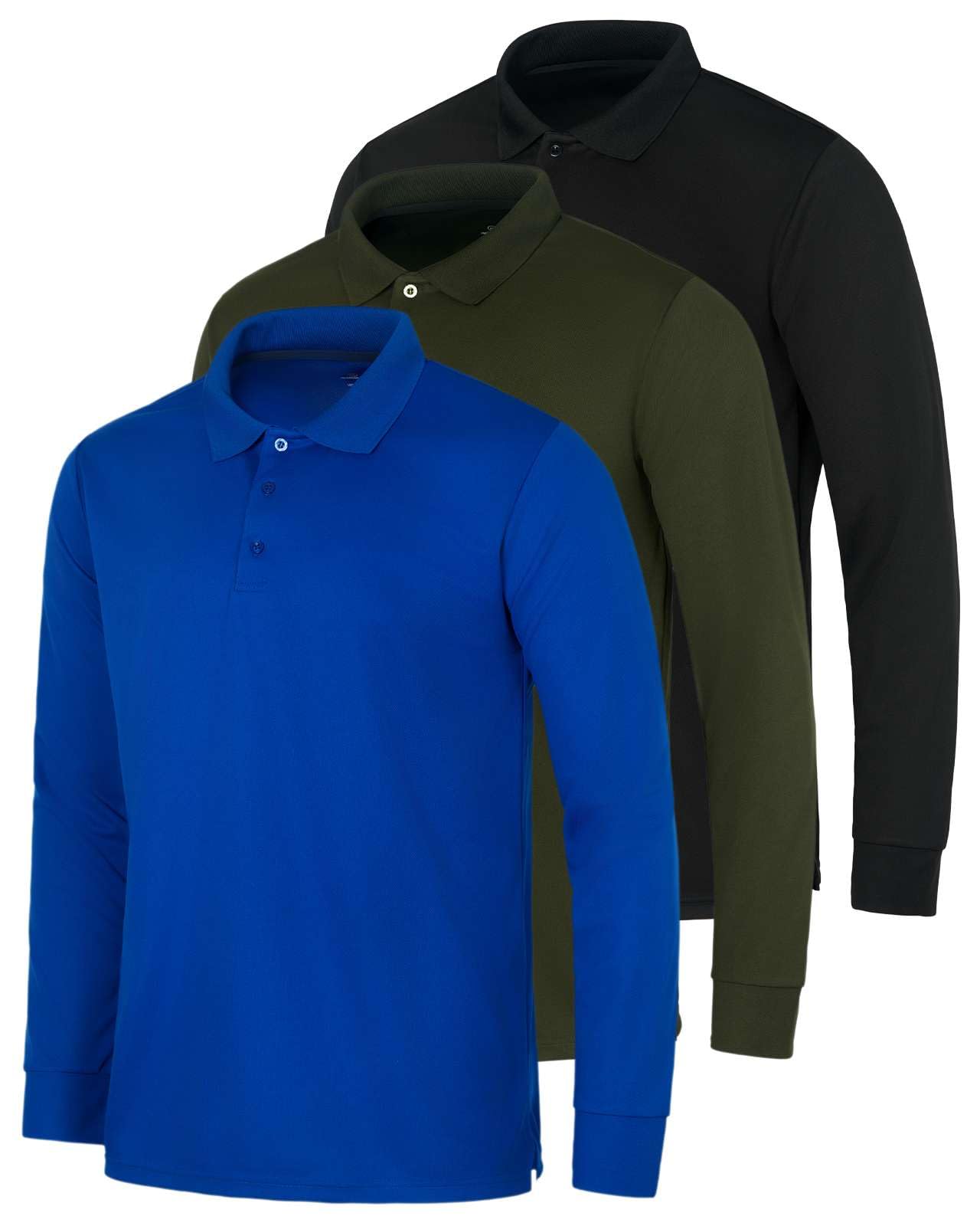 Real Essentials 3er-Pack Herren-Poloshirt aus Baumwolljersey, langärmelig, für Freizeit, Arbeit, Büro (erhältlich in Big & Tall)