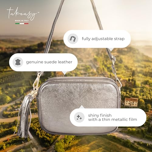 Image of Italian Genuine Metallic Suede Crossbody Bag for Women with Zipper | Small Leather Camera Purse Shoulder Handbag Pocketbook