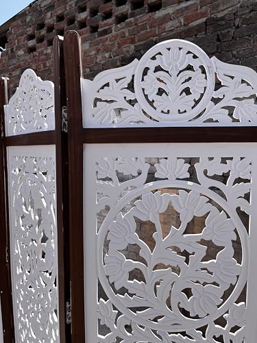 Image of Wooden Room Divider Decorative Foldable Privacy Screen Hand Carved Partition for Living Room Bedroom Office Decor (6 Feet 4 Panel Pearl White Each Panel Size 72X20 Inch)