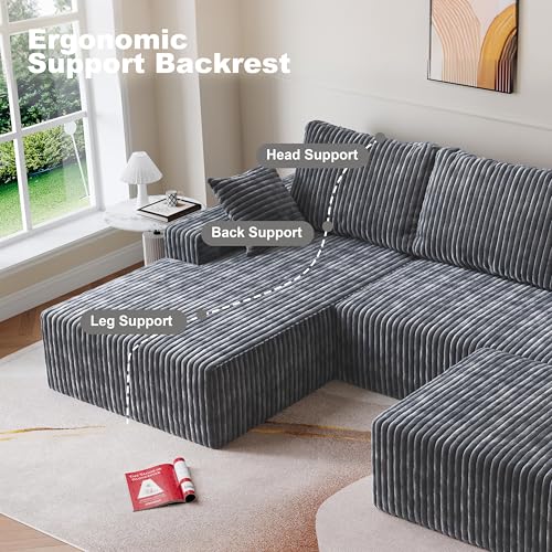 Image of Modular Sectional Sofa Couches L-Shape Couch 3 Seat Modular Sofa Memory Foam Sectional Couches for Living Room (Gray, 108 inch+Left Chaise + Ottoman)