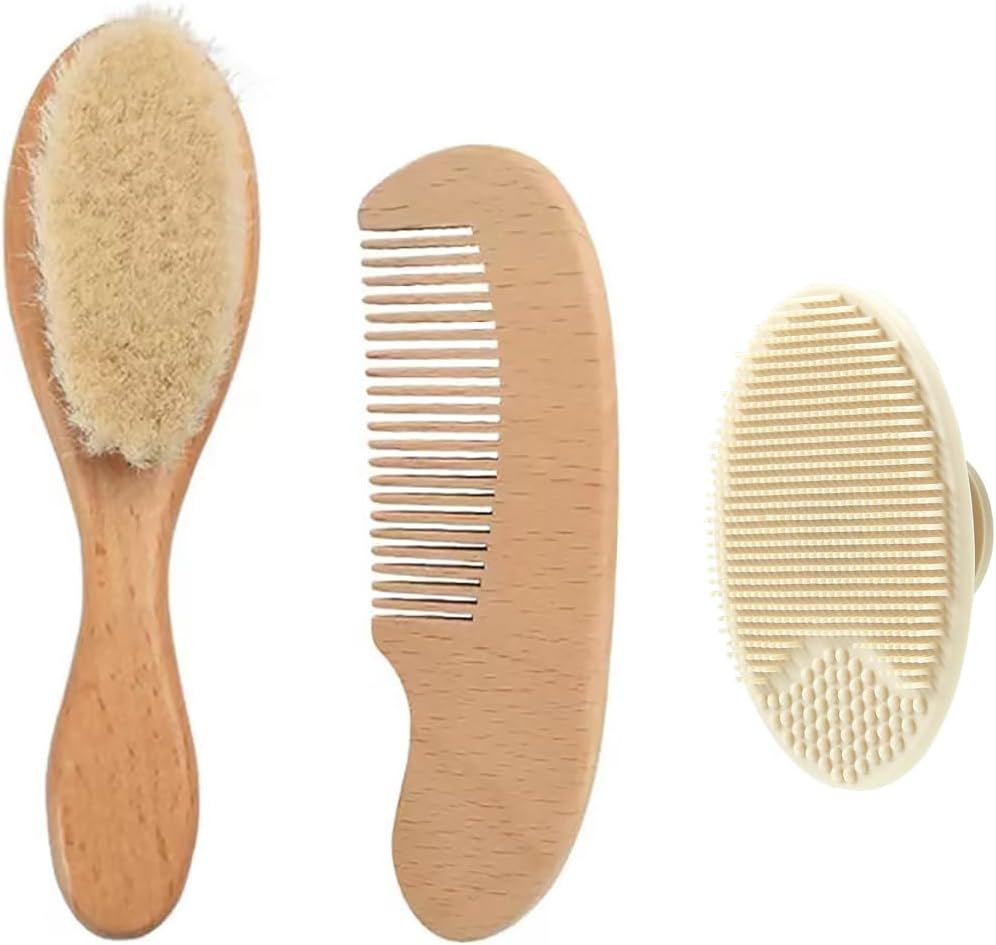 PandaEar 3 Pack Baby Brush and Comb Set Newborn, Silicone Cradle Cap Brush for Babies, Soft Newborn Hair Brush with Soft Goat Bristles, Wooden Toddler Comb Hairbrush Set for Boys and Girls