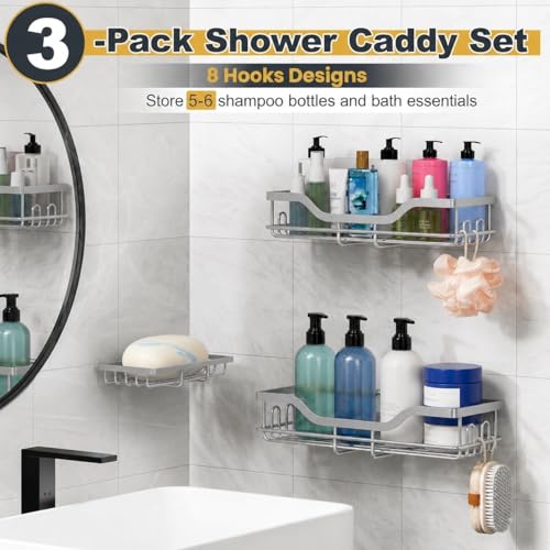 Image of OMAIRA 3-Pack Shower Caddy with Soap Holder, Adhesive Rustproof No-drill Strudy Loading Inside Shower Organizer Shelves Rack Storage Bathroom Organization for Smooth Wall Glass Tile, Grey (Large)