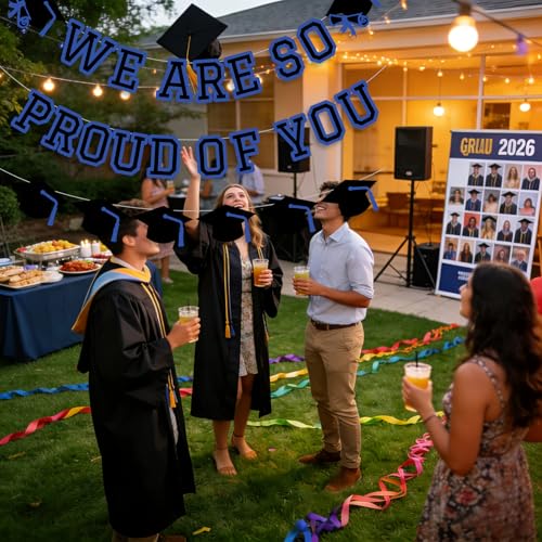 Image of We Are So Proud Of You Banner Graduation Party Decorations Congrats Grad Cap Garlands Wall Sign Blue Black