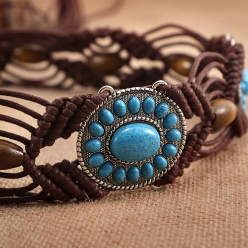 WHIPPY Boho Turquoise Belt for Women Wax Rope Braided Waist Belt Western Hand-Woven Bead Tassel Belts for Dress, 2" Wide3