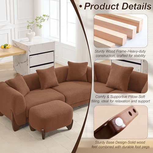 Image of 87 inch Sherpa Boucle Cloud Couch with Ottoman, Modern 3 Seater Sofa with Solid Wood Legs 25 inch Extra Deep Seat Comfy Thick Cushion Upholstered Sofa Couches with 3 Pillows for Living Room, Caramel
