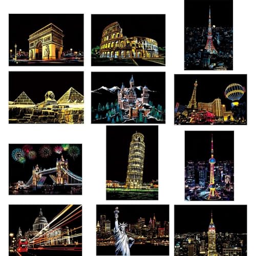 hzzsbu 12 Pcs Scratch Painting Rainbow Paper, Sketch DIY Art Craft City Series Night View Craft Gift, Scratchboard for Adults and Kids