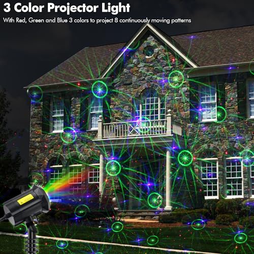 Image of Poeland 8 Patterns Christmas Laser Projector Lights, Outdoor Garden Decorative Lights with Remote Control and Security Lock for Indoor Outdoor Home Garden (Red, Green, Blue)