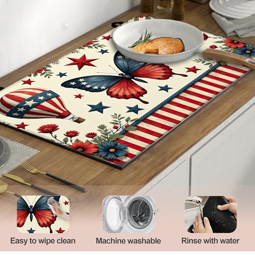 Image of Flag Floral Butterfly Stove Top Covers Pad 28 x 20 inches Dish Drying Mat Coffee Bar Mats Kitchen Decor Absorbent Pad Fit Coffee Maker Machine Dish Drying