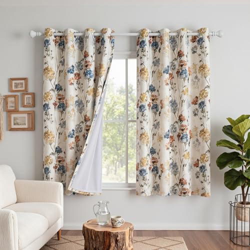 Image of MYSKY HOME Floral 100% Blackout Linen Curtains 72 Inches Long 2 Panels Set for Bedroom Living Room Farmhouse Flower Pattern Double Layer Thermal Insulated Grommet Drapes, Yellow, 52 inch Wide Each Panel