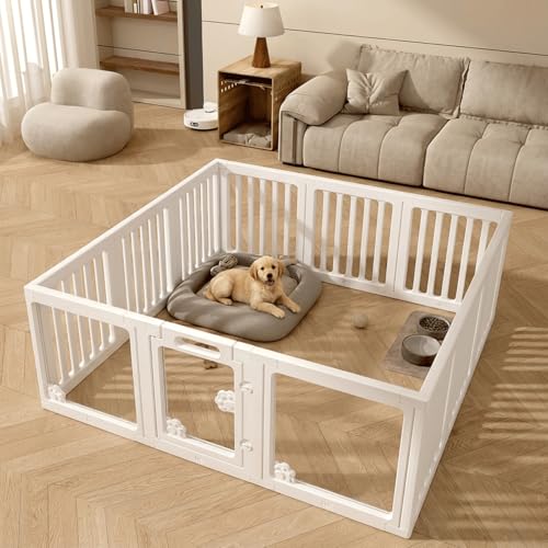 KAPEICamper Dog Playpen Clear Acrylic Pet Puppy Enclosure Cat Rabbit Play Pen Easy Assemble Foldable Crate Whelping Box for Medium Dogs with Gate (White L 12 Panels)