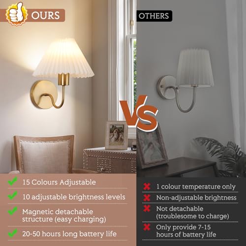 Image of Wireless Wall Sconce Sets of 2, Pleated Shades Rechargeable Battery Operated Wall Sconce, Retro gooseneck Gold Wall Lights Bathroom Vanity Sconces, Wall Mounted Lamps for Bedroom Living Room Kitchen
