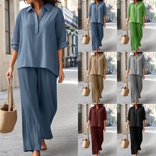 Women's Spring Summer Roll Up Long Sleeve Linen Shirts and Wide Straight Leg Pants Loose Fit Work Business Outfits3