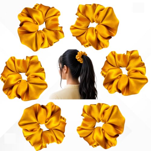 Image of Satin Scrunchies for Women | Set of 6 Crunchies Hair Band (Harvest Gold)