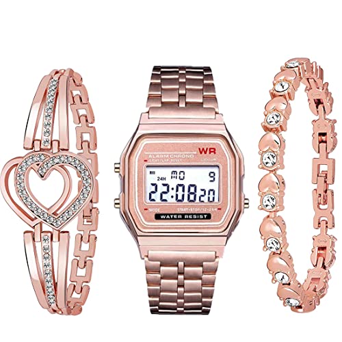 Image of GOLDENIZE FASHION Casual Branded Digital Multifunctional Grey Dial Girl's & Women's Stainless Steel Vintage Dial Watch with Gift Bracelet for Women Or Girls Combo of 3 (A-158WA-1Q)