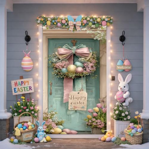 Image of Easter Door Cover 35.43 x 70.87 Inch Pastel Ribbon Wreath with Decorative Eggs Vintage Door Scene and Spring Florals Ideal for Seasonal Holiday Entryway Decoration