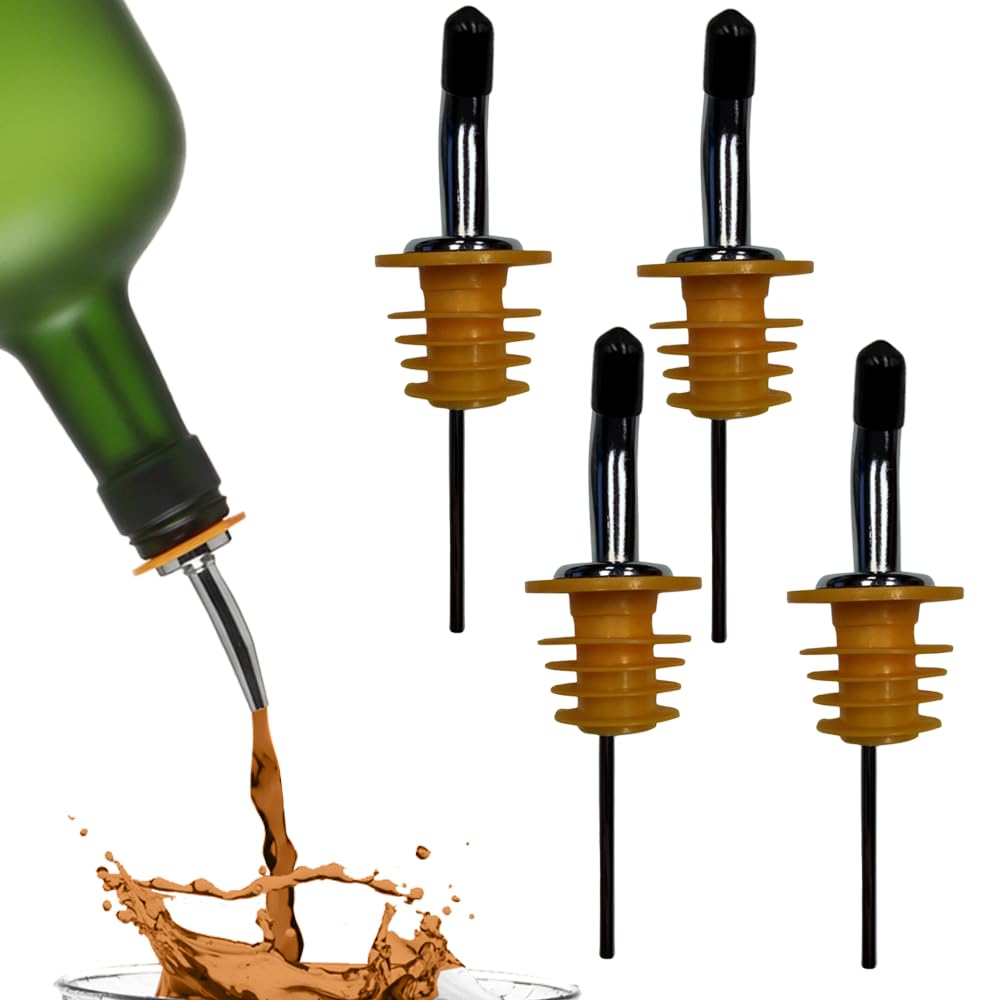 Liquor Pour Spouts with Dust Caps for Wide Neck Bottles Requiring XL Corks, 4-Pack, Free Flow for Accurate Shots, Leakproof, No Drip Flow Control, Whiskey Vodka Tequila, Home &amp; Bartender Use, USA Made