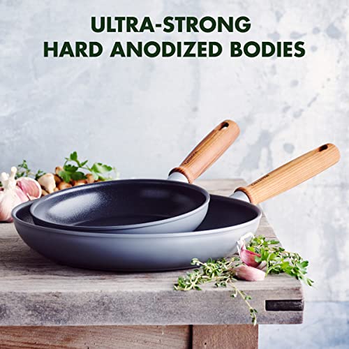 Greenpan Mayflower Pro Hard Anodized Healthy Ceramic Nonstick, 10" And 12" Frying Pan Skillet Set, Vintage Wood Handle, Pfas-Free, Induction, Charcoal Gray #TOP3