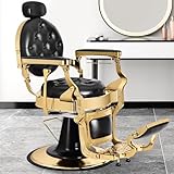 Vintage Barber Chair, Heavy Duty Recline Hair Barber Chair for Barbershop with Removable Headrest, Supports up to 550lbs & 360° Swivel, Professional Salon Beauty Spa Shampoo Equipment, Black Gold