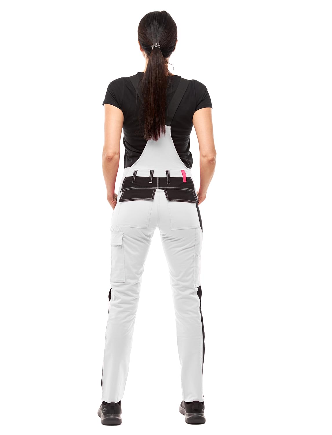 strongAnt Salopette da lavoro da donna Elasticizzata Berlin. Salopette combinati - Pantaloni magazzino giardiniere, tasca per ginocchiere - Nero Bianco Rosa