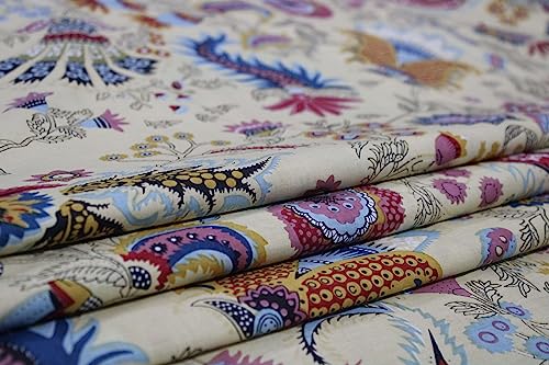 Image of Indian Hand-Block Printed Jaipuri Mukut Floral Print Ethnic Sanganer Kurti Print Cotton Fabric (15 Yards, Beige Mukut)