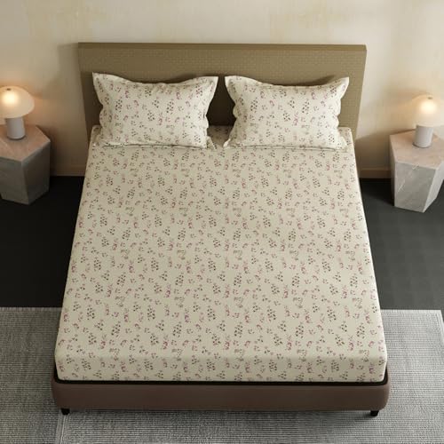 Image of Layers 100% Cotton Bedsheet for Double Size Bed | Lumina Floret Collection | 144 TC Soft & Breathable | Floral Print with 2 Pillow Covers | Wrinkle Free & Colorfast | 3 Pc Bedding Set - Pink & Cream