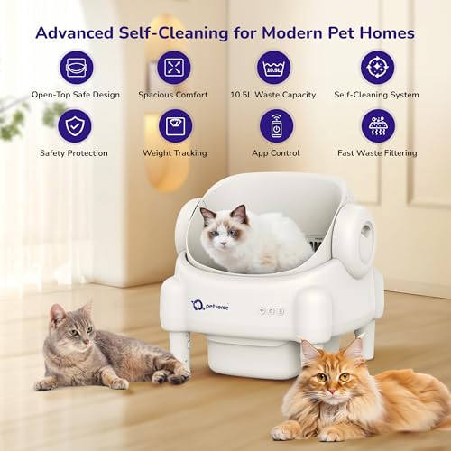 Image of Petverse Automatic Cat Litter Box Self Cleaning for Multiple Cats, Smart App Enabled, Large Waste Capacity, Odor Eliminator, Works with Clumping Litter, Liner Bags and Mat Included