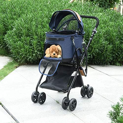 PawHut Luxury Folding Pet Stroller Removable Carrier Adjustable Canopy 4 Wheels Storage Bag Mesh Windows Brake for Small Miniature Dog Cat Blue