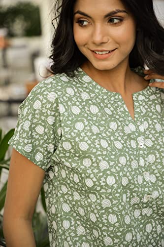 Image of SANSKRUTIHOMES Women's Premium 100% Cotton Printed Co-Ord Set | Short Sleeve Shirt & Pant Set | Pink Checkered Sun & Palm Tree Print | Casual Summer Resortwear, Vacation Wear & Comfortable Loungewear
