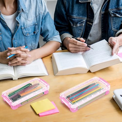 Image of Gueevin 24 Pcs Large Capacity Plastic Pencil Box Clear Plastic Pencil Case Crayon Box with Snap Tight Lid Watercolor Pen Storage Brush Organizer Drawing Tools Container (Light Pink)