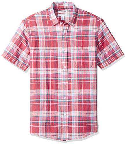 Amazon Essentials Men's Slim-Fit Short-Sleeve Plaid Linen Shirt, Red, Medium