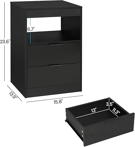 Miniatura 3 de ADORNEVE Juego de 2 mesitas de noche LED, mesita de noche con estación de carga inalámbrica y luces LED, mesita de noche negra con estante extraíble