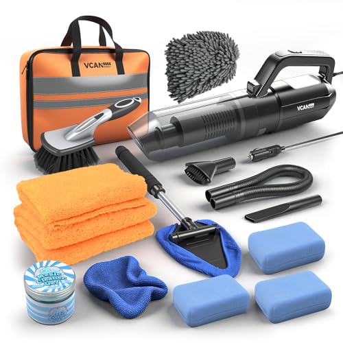 VCANENERGY Car Cleaning kit, Detailing Kit for Interior Cleaner with 10000pa Car Vacuum Cleaner Kit, Wheel Brush, 400GSM Microfiber Towel, Wash Mitt, Interior and Exterior Car Wash kit with Bag