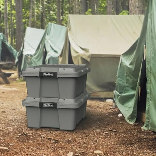 Hefty MAX Pro 12 Gal Storage Totes with Latching Lids, 6 Pack Durable Plastic Stackable Utility Bins with Locking Handles, Gray Medium Storage Containers for Garage, Closet, Outdoor Gear