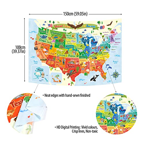 Bashom Tp-008 United States Map Tapestry 60''X40''(150X100Cm) Poster For Kids Educational Learning Wall Hanging For Bedroom Living Room Nursery Dorm Home Decor Usa America Us Map thumb #3