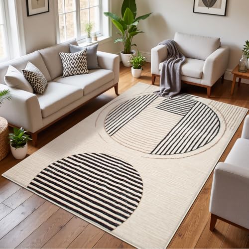 Calore Tapis Salon Lavable 160x200cm, Doux Tapis Chambre Beige Antidérapant Géométrique Grand Tapis à Poils Courts
