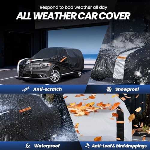 Image of Multi-Layer Car Cover Custom Fit for Dodge Durango(1998-2026), 100% Waterproof All Weather for Automobiles, Gift with Towel, Heavy Duty Car Covers for Rain Sun UV Protection with Door Zipper