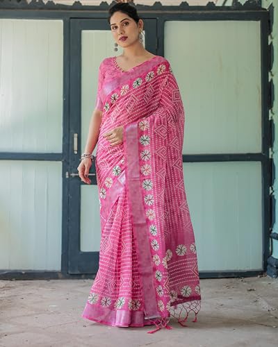 Image of Kaugalian store Linen Cotton Floral Printed Saree for Women with Unstitched Blouse Piece | 5.5 M Saree & 0.8 M Blouse