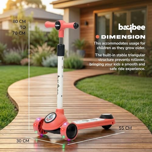 Image of Baybee Rolo Kick Scooter for Kids, 3 Wheel Kids Scooter with 3 Height Adjustable Handle, Music & Rear Brake, Skate Scooters with PU LED Wheels | Runner Scooters for Kid 3+ Years Boys Girls (Pink)