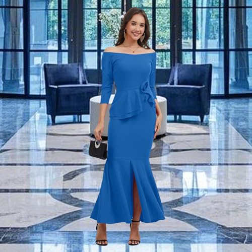 Image of Women's Elegant Formal Mermaid Maxi Dress Off Shoulder Long Sleeve Wedding Split Evening Gown Prom Cocktail Party Dresses