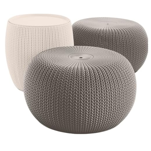 KETER Urban Knit Pouf Ottoman Set of 2 with Storage Table for Patio and Room Décor-Perfect for Balcony, Deck, and Outdoor Seating, Cream & Taupe