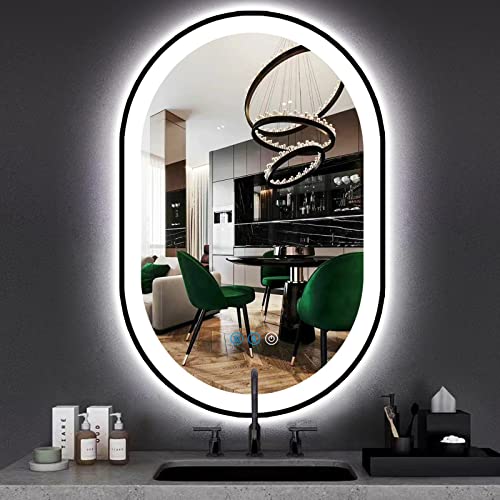 THEKLA 20 x 32 inch Black Frame Oval LED Mirror for Bathroom Wall Horizontal/Vertical Mounted Makeup 32 inch Black Framed Oval Lighted Vanity Mirror with Lights Smart Memory 3 Color Dimmable AntiFog